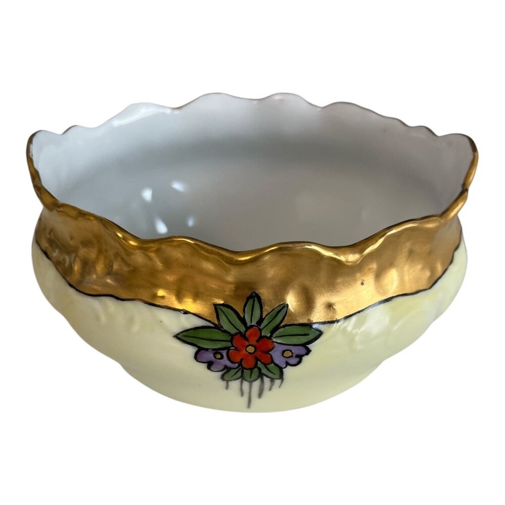 Antique German Porcelain Bowl – Hand Painted Floral with Gold Trim – Scalloped E